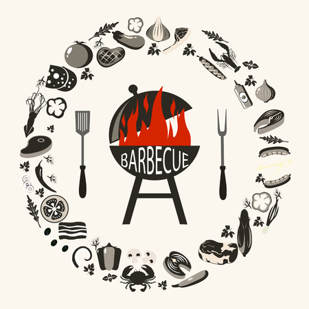 Set of barbecue objects. Collection of BBQ cutlery and various meat dishes, vector illustration, icons of barbecue steaks and sausages, vegetables and kebabs, knife and grid. Set of gray BBQ objectsのイラスト素材