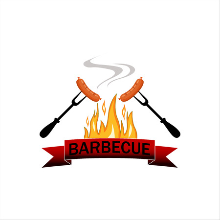 Logo grilled food: Barbecue with flames and two sausages.  Isolated on white backgroundのイラスト素材