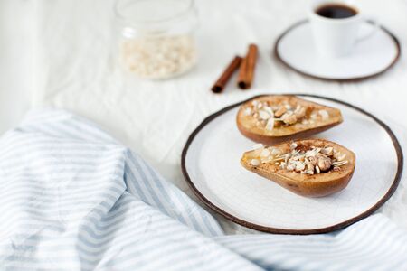 pear with honey and nutsの写真素材