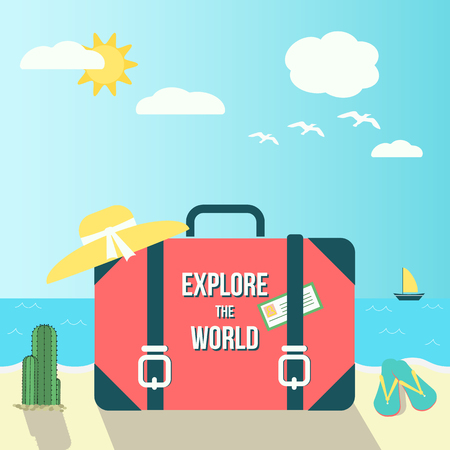 Travel composition with a suitcase on the sand, leisure items and the sea with the sun and gulls in the background. Travel and Tourism. Vector illustration. Modern flat design.のイラスト素材