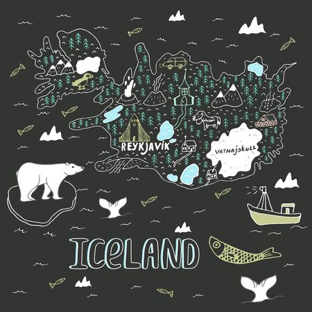 Iceland hand drawn cartoon map. Vector illustration with travel landmarks, animals and natural phenomenaのイラスト素材