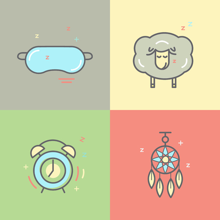 Color collection of isolated vector line icons with sleep problems and insomnia symbols.のイラスト素材
