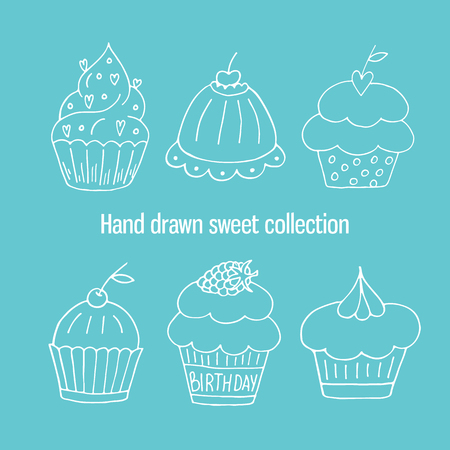 Hand drawn isolated birthday cake. Cute sweet vector bakery setのイラスト素材