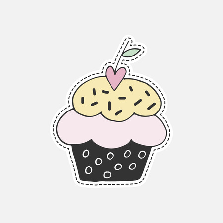 Sweet hand drawn cupcake - 80s-90s style design. Isolated vector illustration in patch style. Great for stickers, embroidery, badges.のイラスト素材