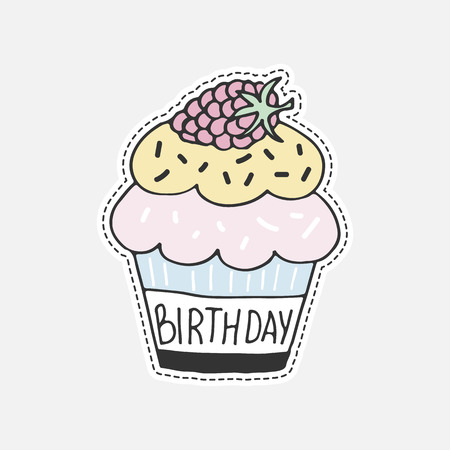 Sweet hand drawn cupcake - 80s-90s style design. Isolated vector illustration in patch style. Great for stickers, embroidery, badges.のイラスト素材