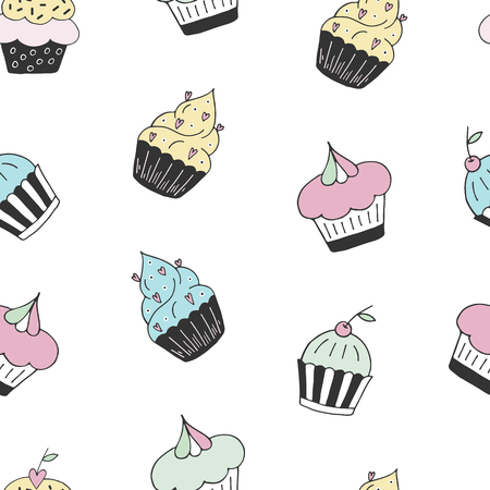 Yummy seamless pattern with sweet hand drawn color cupcake. Beautiful design elements for pastry shops, coffee houses, cafesのイラスト素材