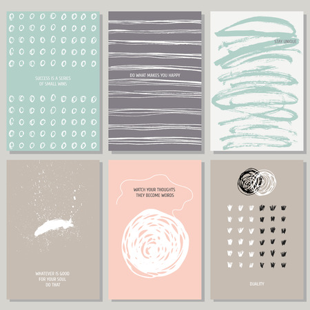 Collection of postcards with modern minimalistic design and motivation phrase. Vector illustration with hand drawn ink circles, lines and shapes.のイラスト素材