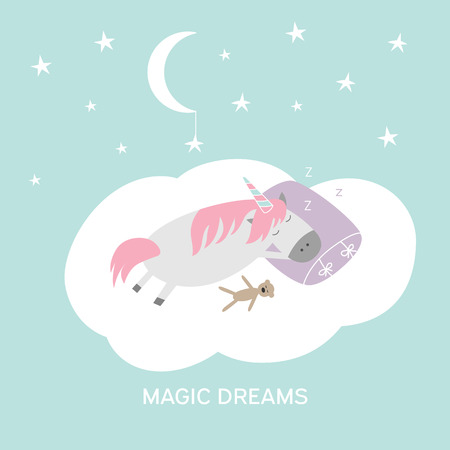Cute cartoon hand drawn sleeping unicorn illustration. Vector magic dreams card. Little horse sleep on cloud with moon and stars.のイラスト素材