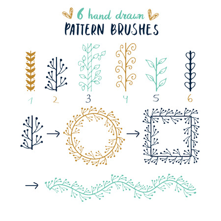 Collection of unique hand drawn floral pattern brushes. You can make different frames, shapes and lines. Vector collection.のイラスト素材