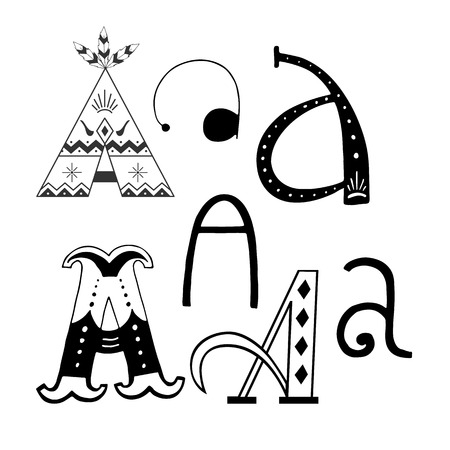Unique collection of hand drawn letter A with doodle ornament. Cute lettering boho style script. ABC latin alphabet.のイラスト素材