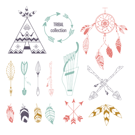 Tribal collection of hand drawn elements in boho style. Feather, tipi and arrows. Vector illustration.のイラスト素材
