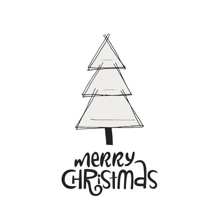 Merry Christmas with Christmas tree. Hand drawn Christmas lettering. Cute New Year phrase. Vector illustration.のイラスト素材