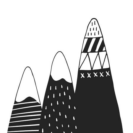 Cute hand drawn nursery poster with cartoon mountains and sun in scandinavian style vector illustration.のイラスト素材