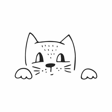 Cute hand drawn nursery poster with cat character in scandinavian style. Monochrome vector illustration.のイラスト素材