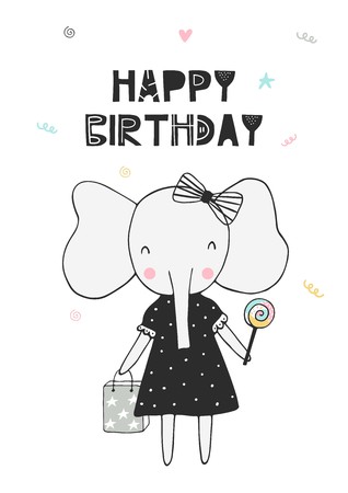 Happy birthday cute hand drawn nursery birthday poster with little elephant and cut out lettering in Scandinavian style.のイラスト素材