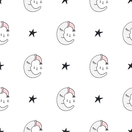 Cute hand drawn nursery seamless pattern in scandinavian style. Monochrome vector illustration.のイラスト素材