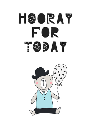 Hooray for today - cute hand drawn nursery birthday poster with cut out lettering in scandinavian style. Monochrome kids vector illustration.のイラスト素材