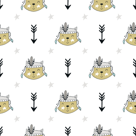 Cute hand drawn seamless pattern with animal character in Scandinavian style. Kids vector illustration.のイラスト素材