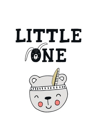 Little one - Cute hand drawn nursery poster with big bear and lettering in scandinavian style. Kids vector illustration.のイラスト素材