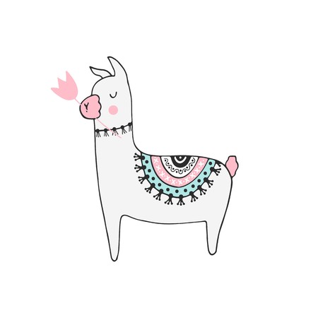 Hand drawn nursery birthday poster with little llama in scandinavian style. Color kids vector illustration.のイラスト素材
