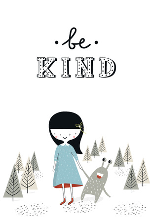 Be kind - Cute nursery poster with girl and monster. Vector illustration in scandinavian style.のイラスト素材