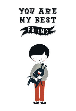 You are my best friend - unique nursery poster with boy and monster. Vector illustration in scandinavian style.のイラスト素材