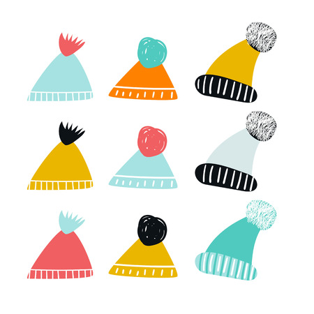 Set of cute color hand drawn winter hats. Collection of cartoon clothes. Vector illustration.のイラスト素材