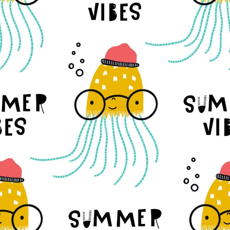 Summer - Cute hand drawn nursery seamless pattern with cool jellyfish in hat and glasses with hand drawn lettering. Vector illustration in candinavian style.のイラスト素材