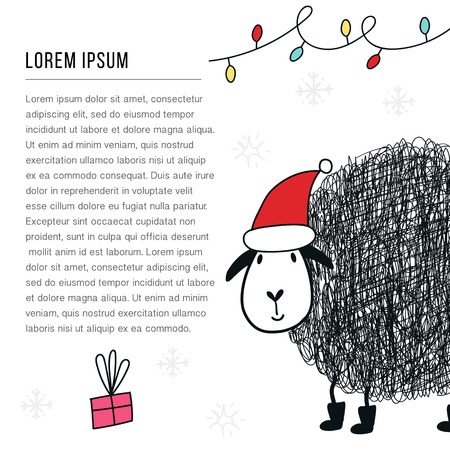 New Year banner template - Sheep in santa hat in doodle style. Cute and fun vector illustration.のイラスト素材