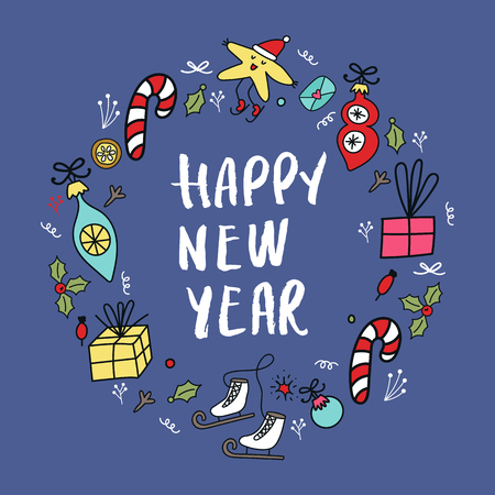 Circle concept with different New Year and Christmas decorations and hand drawn lettering. Vector illustration.のイラスト素材