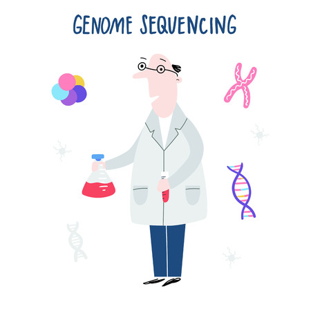 Scientist exploring DNA structure. Hand drawn genome sequencing concept made in vector. Human genome project.のイラスト素材