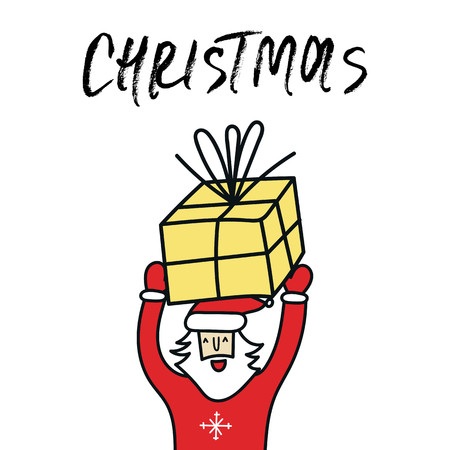 Christmas card - Santa with a gift with hand drawn lettering. Cute and fun New Year vector illustration.のイラスト素材