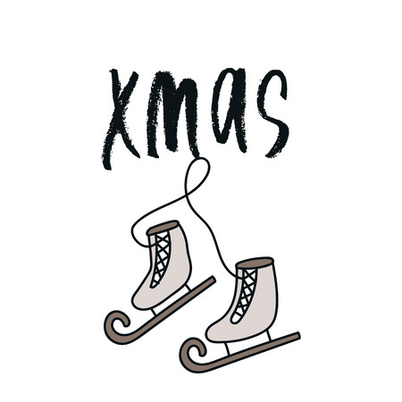 Christmas and New Year card with hand drawn lettering and skates. Vector illustration for cards, posters, t-shirts, etc.のイラスト素材