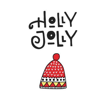 Holly Jolly - Christmas and New Year card with hand drawn lettering and winter hat. Vector illustration.のイラスト素材