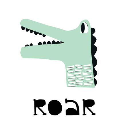 Roar - Summer kids poster with a crocodile cut out of paper and hand drawn lettering. Vector illustration.のイラスト素材