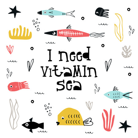 I need vitamin sea - Summer kids poster with a fish, jellyfish and seaweed cut out of paper and hand dtawn lettering. Vector illustration.のイラスト素材
