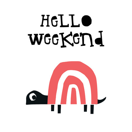 Hello weekend - Summer kids poster with a turtle cut out of paper and hand drawn lettering. Vector illustration.のイラスト素材
