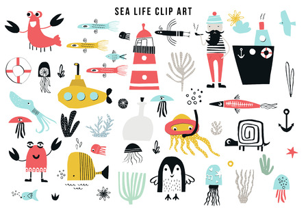 Big kids sea life clipart collection. A large set of items on the marine theme cut out of paper. Vector illustration.のイラスト素材
