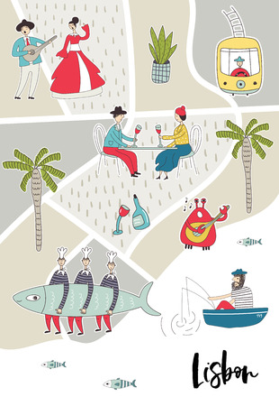 Illustrated Map of Lisbon with cute and fun hand drawn characters, local plants and elements. Color vector illustration.のイラスト素材
