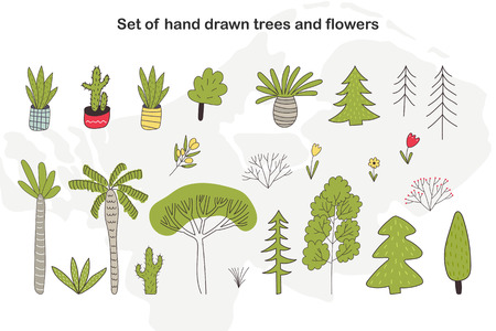 Set of hand drawn cartoon trees, cacti and plants. Vector floral illustration.のイラスト素材