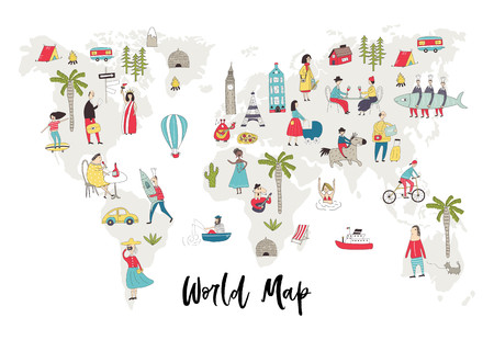 Illustrated World Map with fun hand drawn characters, plants and elements. Cartoon color vector illustration.のイラスト素材