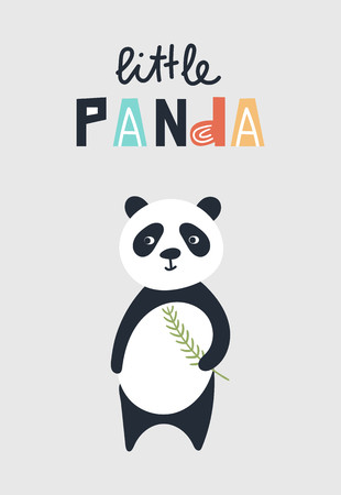 Wild child - Cute kids hand drawn nursery poster with panda bear animal and lettering. Color vector illustration in scandinavian style.のイラスト素材
