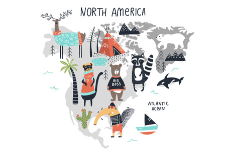 Animal World Map - mainland North America. Cute cartoon hand drawn nursery print in scandinavian style. Vector illustration.のイラスト素材