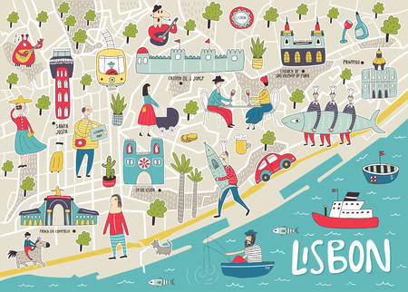 Big Illustrated Map of Lisbon with cute and fun hand drawn characters, local plants and elements. Color vector illustration.のイラスト素材