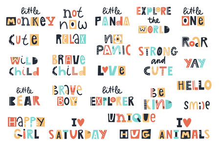 Big kids collection of fun summer lettering phrases cut out of paper. Vector illustration.のイラスト素材
