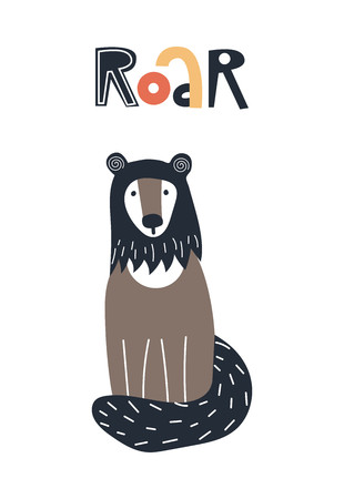 Roar - Cute kids hand drawn nursery poster with wolverine animal and lettering. Color vector illustration in scandinavian style.のイラスト素材