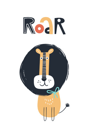 Roar - Cute kids hand drawn nursery poster with lion animal and lettering. Color vector illustration in scandinavian style.のイラスト素材