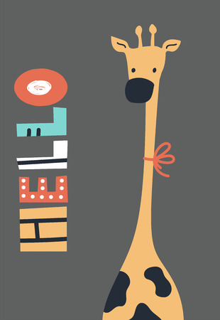 Hello - Cute kids hand drawn nursery poster with giraffe and lettering on dark background. Color vector illustration in scandinavian style.のイラスト素材