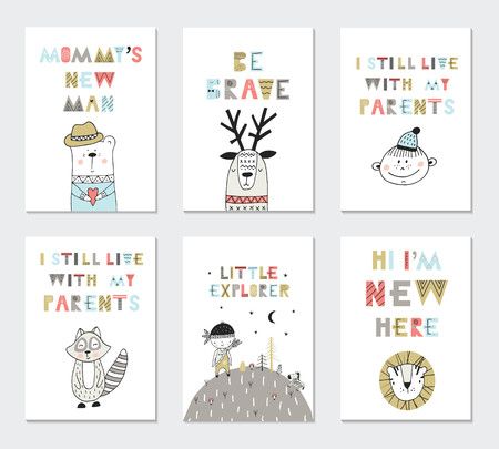 Collection of children cards with cute animals and lettering. Perfect for nursery posters. Vector illustration.のイラスト素材