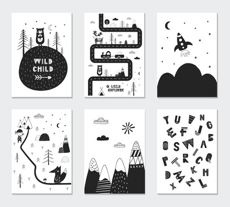 Collection of children cards with cute animals and lettering. Perfect for nursery posters. Vector illustrationのイラスト素材
